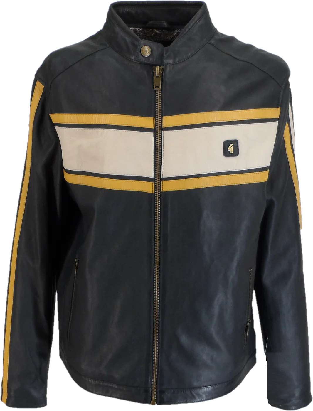 Gabicci Mens Lambaert Navy/White/Gold Leather Rally Jacket