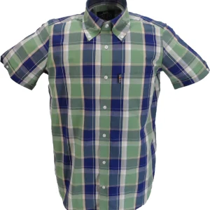 Trojan Mens Navy Blue Check Short Sleeved Shirts and Pocket Square