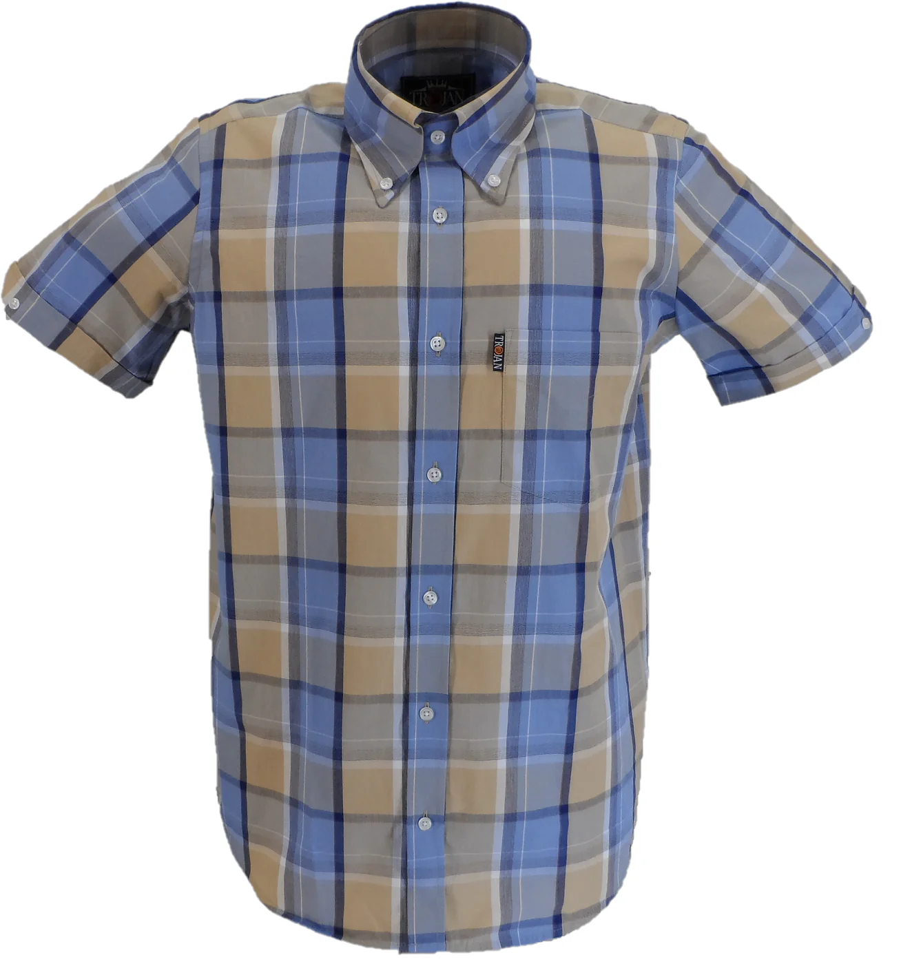 Trojan Mens Powder Blue Check Short Sleeved Shirts and Pocket Square
