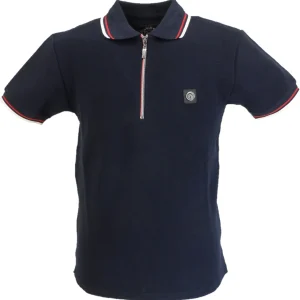 Trojan Mens Navy Blue Ottoman Rib Chrome-effect Zip Tipped Polo Shirt