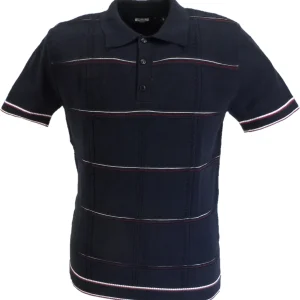 Relco Mens Navy Blue Retro Cable Knitted Polo Shirts