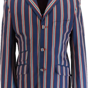 Mens Classic Retro Navy Blue Striped Boating Blazer Jacket
