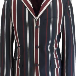 Mens Classic Retro Navy Blue Striped Boating Blazer Jacket