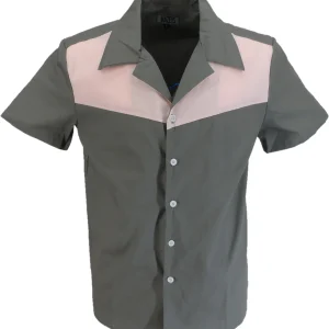 Mazeys Mens Retro Grey/Pink Rockabilly Bowling Shirts