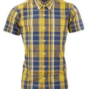 Relco Mens Mustard and Navy Checked Short Sleeved Button Down Shirts