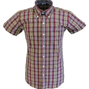 Relco Retro Burgundy & Mustard Ladies Button Down Short Sleeved Shirts