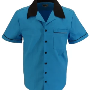 Mazeys Mens Retro Blue Rockabilly Bowling Shirts