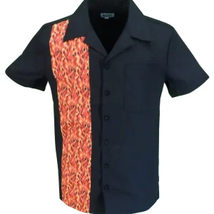 Mazeys Mens Rockabilly Retro Black Flame Bowling Shirts