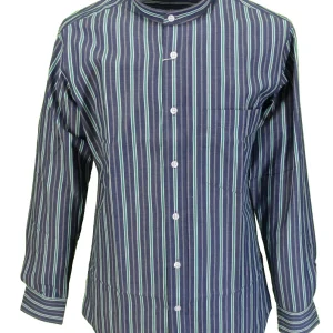 Relco Blue & Green Striped Grandad Collar Long Sleeved Vintage Retro Mod Shirt