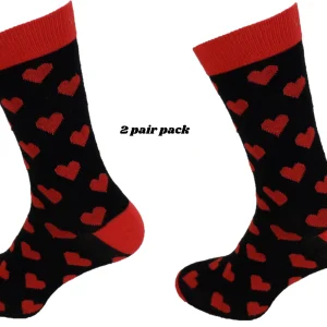Ladies 2 Pair Pack Of Red and Black Heart Socks