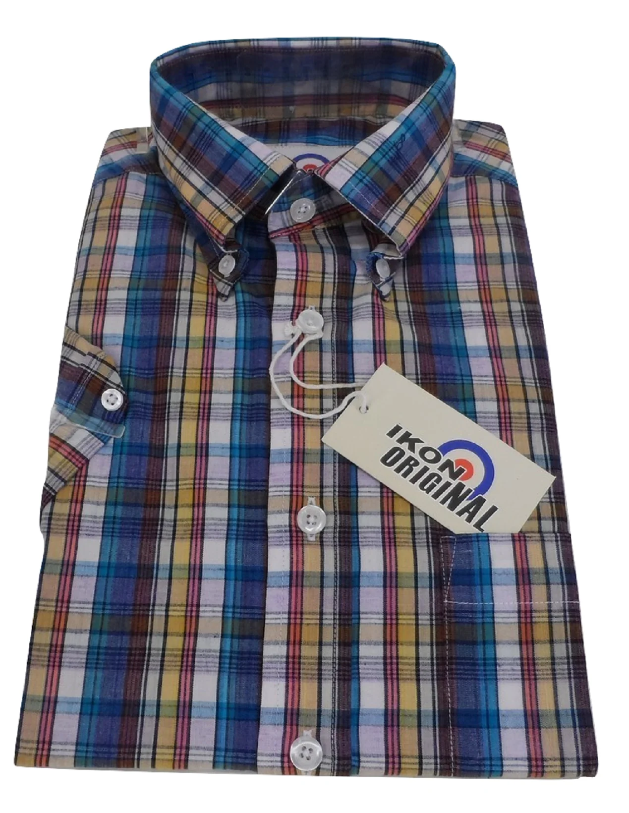 Ikon Original Blue Multi Checked Short Sleeved Button Down Shirts - Imagen 4