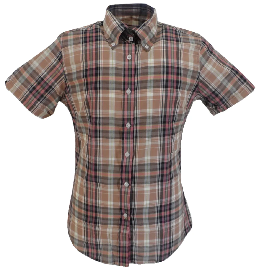 Real Hoxton Ladies Purple Checked Button Down Short Sleeved Shirts