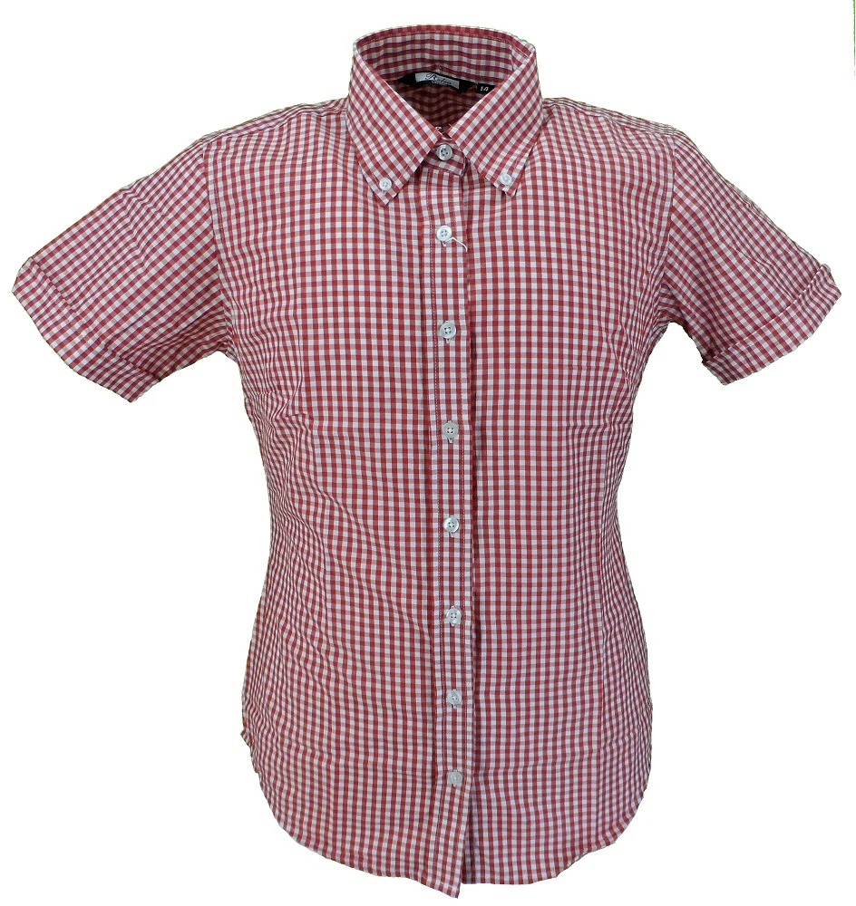 Relco Retro Red Gingham Ladies Button Down Short Sleeved Shirts