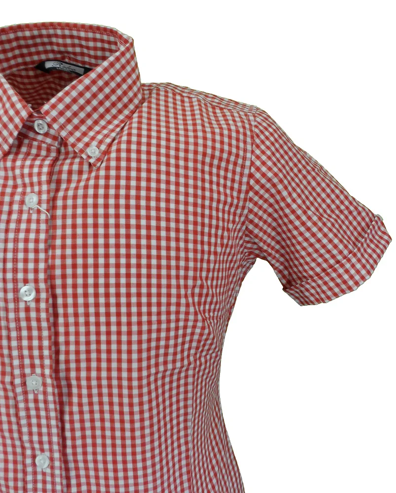 Relco Retro Red Gingham Ladies Button Down Short Sleeved Shirts - Imagen 3