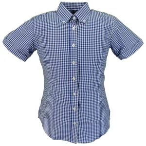 Relco Retro Blue Gingham Ladies Button Down Short Sleeved Shirts