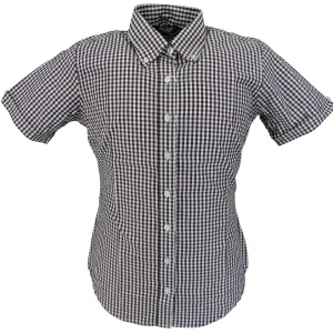 Relco Retro Burgundy Gingham Ladies Button Down Short Sleeved Shirts