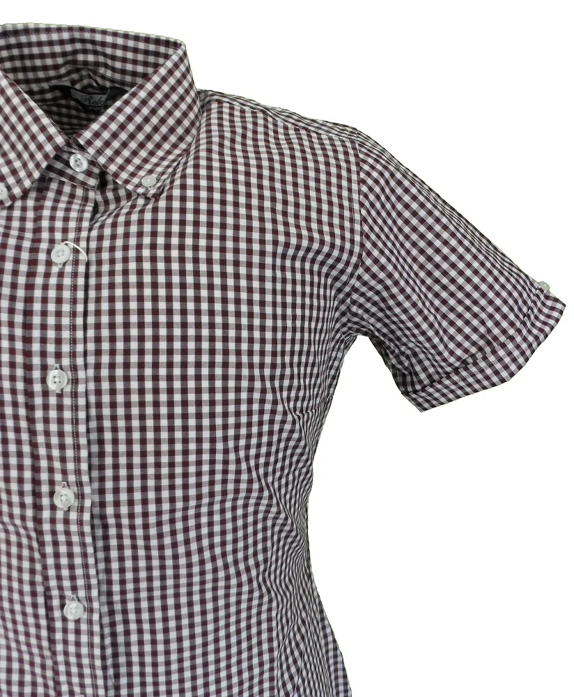 Relco Retro Burgundy Gingham Ladies Button Down Short Sleeved Shirts - Imagen 3