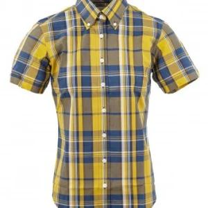 Relco Ladies Mustard/Navy Check Button Down Short Sleeved Shirts