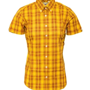 Relco Retro Mustard Burgundy Check Ladies Button Down Short Sleeved Shirts
