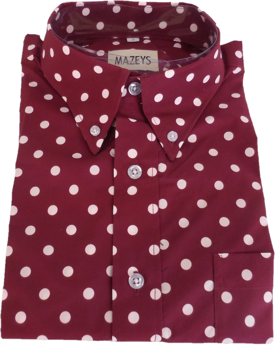 Mazeys Mens Burgundy and White Retro Mod Polka Dot 100% Cotton Shirts… - Imagen 4