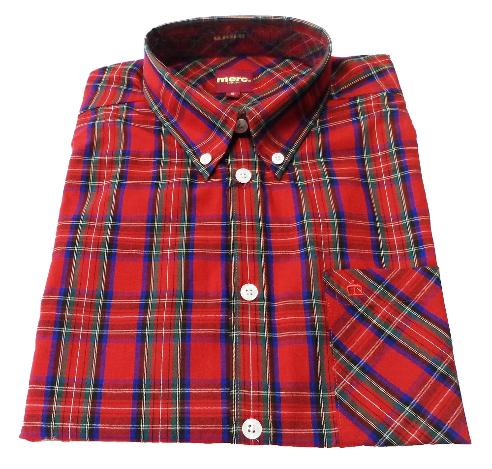 Merc Mack Red Tartan Cotton Short Sleeved Retro Mod Button Down Shirts - Imagen 3