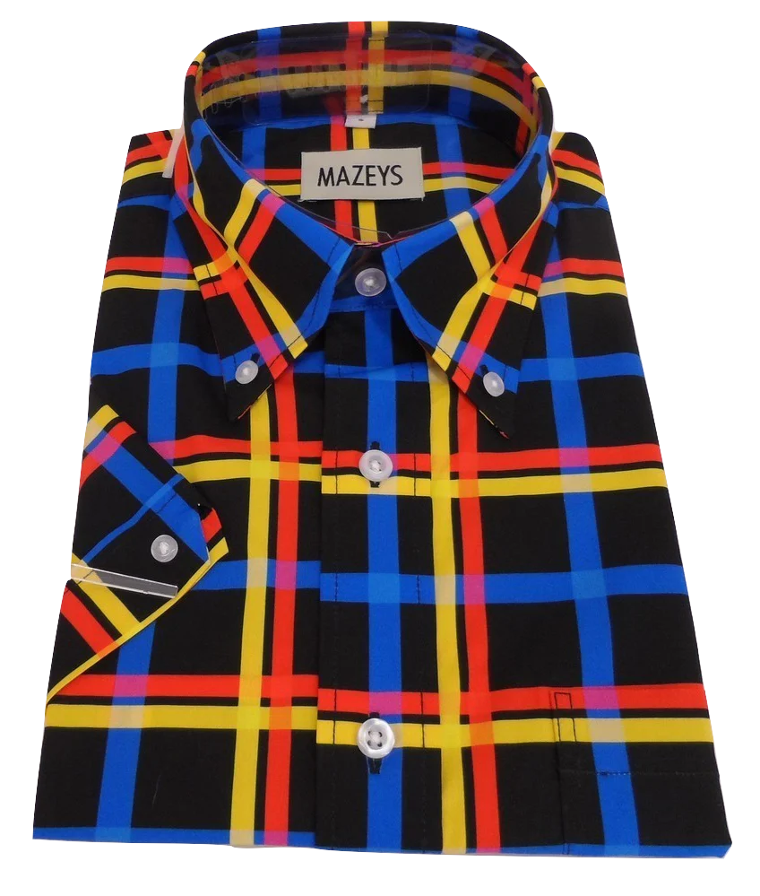 Mazeys Mens Black Multi Checked 100% Cotton Short Sleeved Shirts - Imagen 4