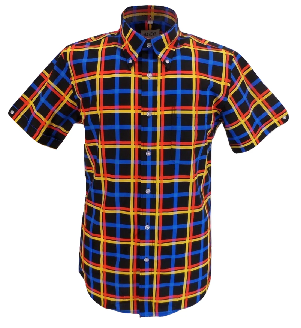 Mazeys Mens Black Multi Checked 100% Cotton Short Sleeved Shirts