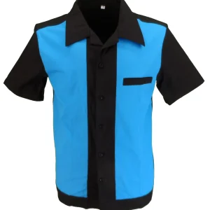 Mazeys Mens Retro Black/Blue 50s Rockabilly Bowling Shirts
