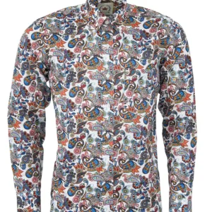 Relco White Colourful Multi Paisley Long Sleeved Retro Mod Button Down Shirt