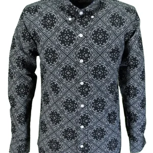 Relco Black & White Paisley 100% Cotton Long Sleeved Retro Mod Button Down Shirt