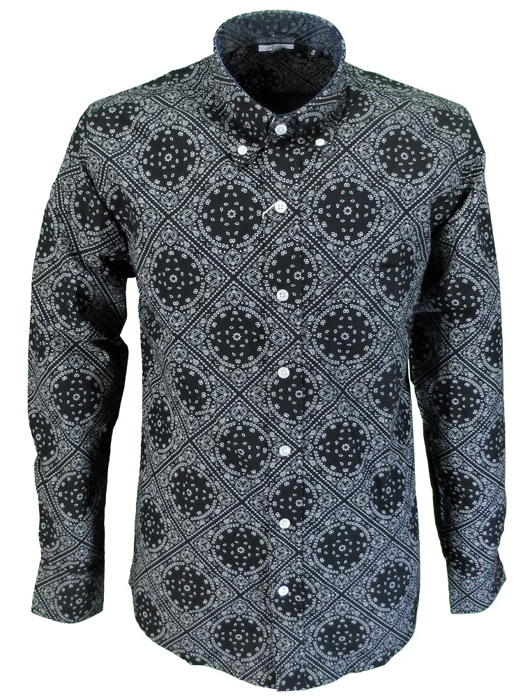 Relco Black & White Paisley 100% Cotton Long Sleeved Retro Mod Button Down Shirt
