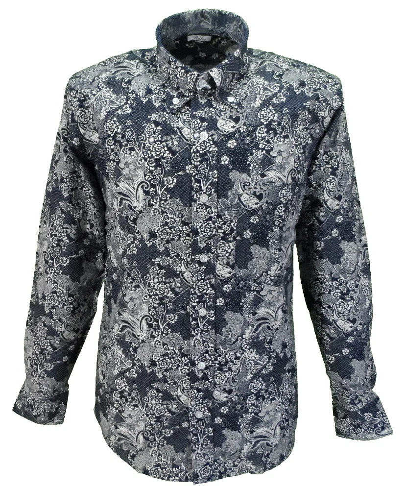 Relco Navy & White Paisley 100% Cotton Long Sleeved Retro Mod Button Down Shirt