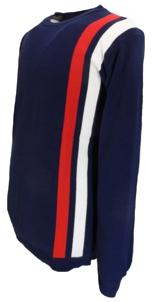 Mens Navy Stripe Fine Gauge Mod Racing Jumper - Imagen 3