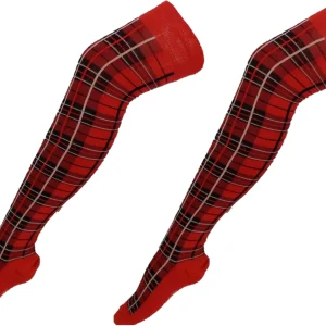 Ladies 2 Pair Pack of Red Tartan Top Over the Knee Socks
