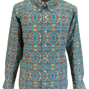 Relco Mens Green Retro Psychedelic Patterned Button Down Shirts