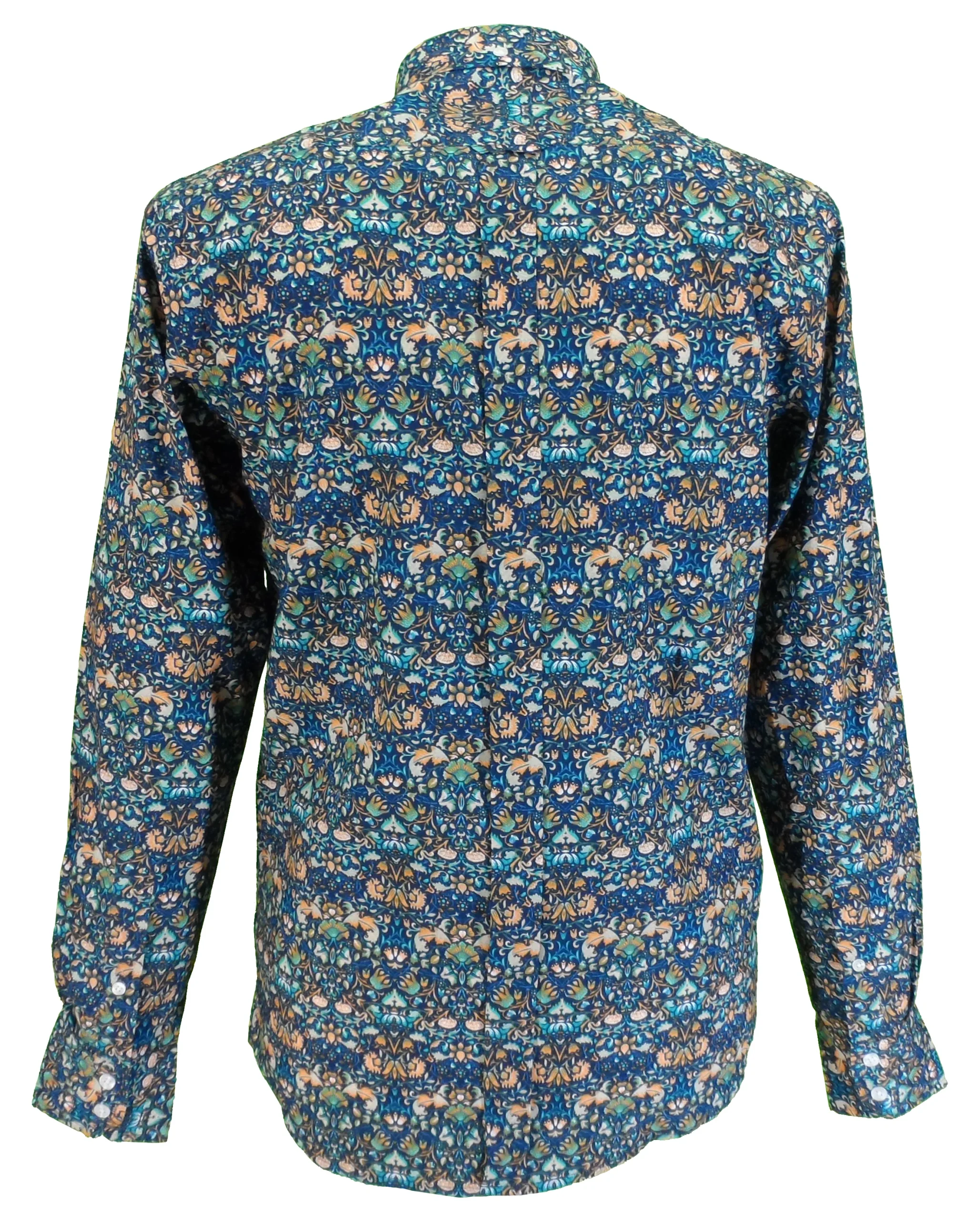 Relco Mens Blue Retro Floral Button Down Shirts - Imagen 3