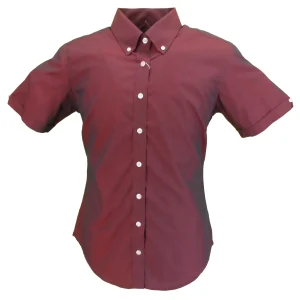 Relco Ladies Burgundy Black Tonic Button Down Short Sleeved Shirts