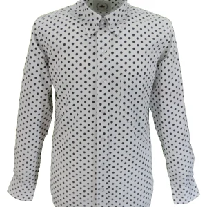Relco White/Navy Polka Dot Cotton Long Sleeved Retro Mod Button Down Shirts