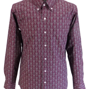 Relco Mens Burgundy Retro Floral Button Down Shirts