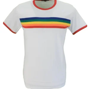 Run & Fly Mens White Retro Mod 60s Indie Rainbow Striped Cotton T Shirt