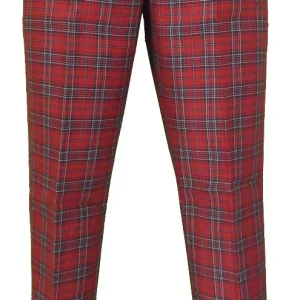 Run & Fly Mens 60s Vintage Retro Mod Checked Red Tartan Skinny Fit Trousers