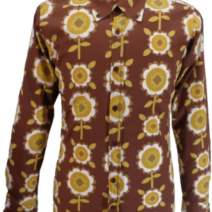 Run & Fly Mens 60s 70s Retro Psychedelic Brown Flowered Shirt