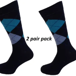 Mens 2 Pair Pack of Navy Blue Argyle Patterned Socks