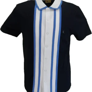 Gabicci Vintage Mens Navy Blue Button Up Striped Polo Shirt
