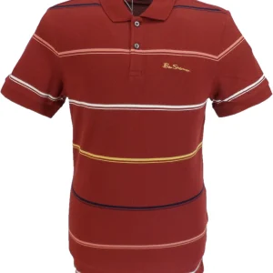 Ben Sherman Mens Red Claret Fine Stripe Patterned Polo Shirt