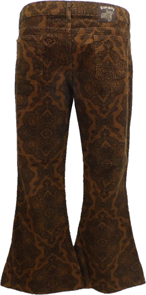 Run & Fly Mens Tan Vintage Jimi Hendrix Paisley Retro Bellbottom Flares - Imagen 3