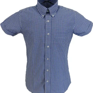 Relco Short Sleeved Blue Gingham Check Cotton Rich Button Down Shirts