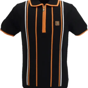 Trojan Records Mens Black Stripe Zipped Knitted Polo Shirt