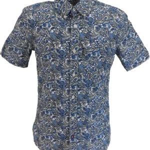Lambretta Mens White Blue Paisley Short Sleeved Button Down Shirts