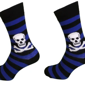 Ladies 2 Pair Blue Striped Skull and Crossbone Socks
